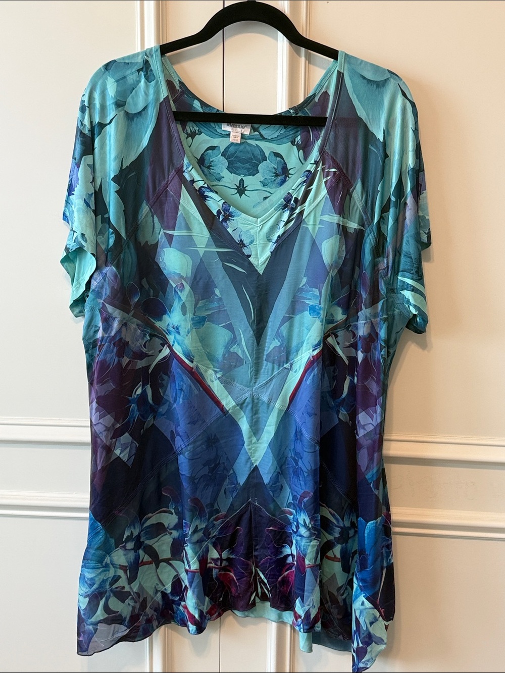 Avenue Teal & Blue Floral V-Neck Short Sleeve Top